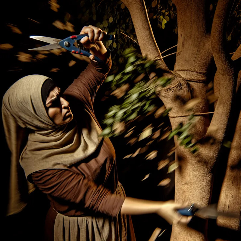 Een tuinier trimt takken van een grote boom met een geconcentreerde blik, terwijl bladeren en takjes rondom vliegen.