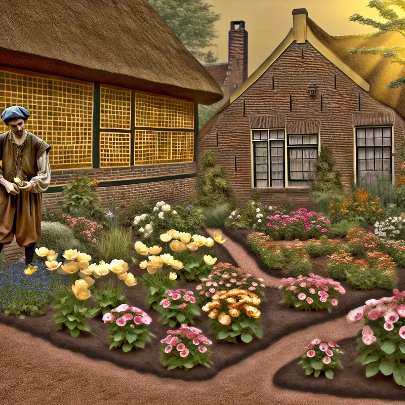 Tuinier verzorgt bloemen in een sereen Hollands tuinperk met rijke ondergrond voor plantengroei, Vermeer-stijl
