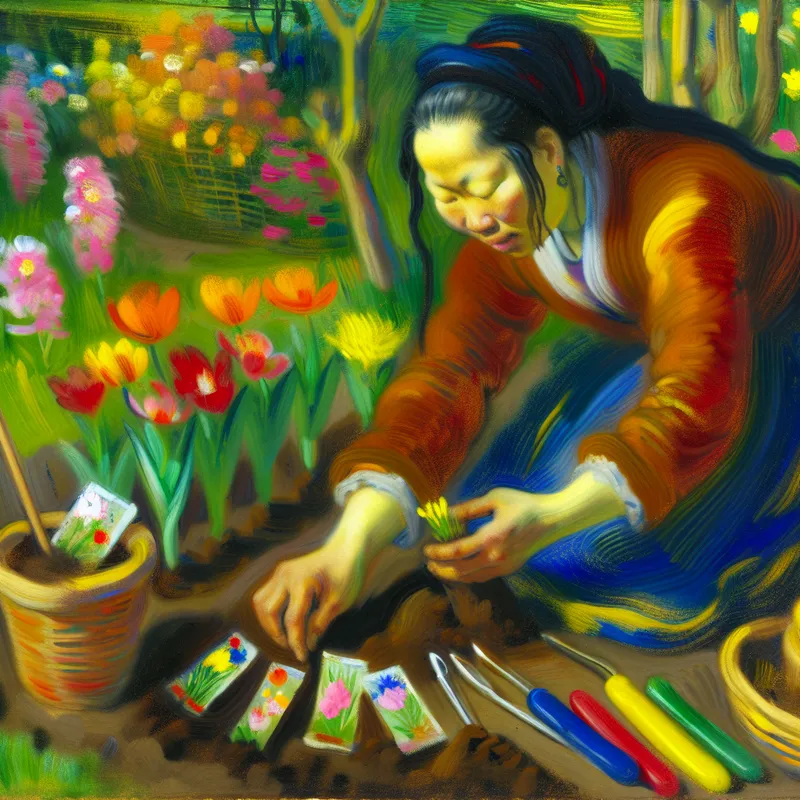 Een tuinier die zaden in de aarde plaatst in een zonnige tuin.