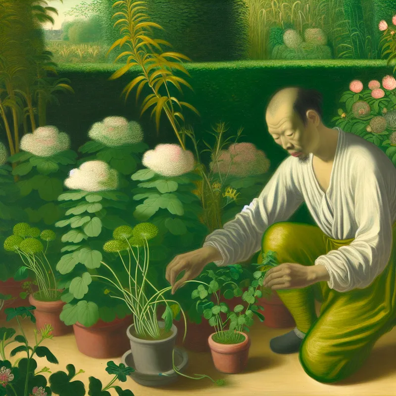 Een middelbare man die in zijn tuin werkt, omringd door weelderige planten en bloemen, met een kalme en serene uitstraling.