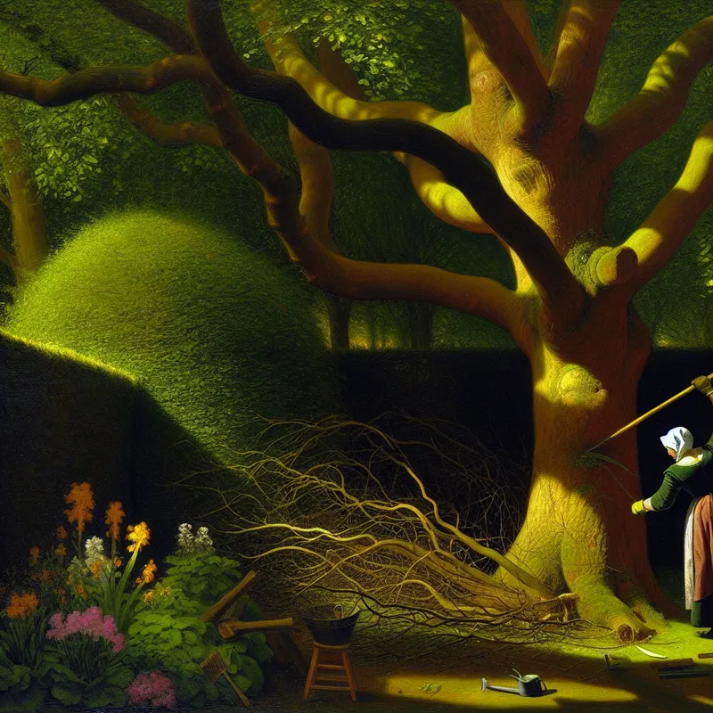 Een tuinman snoeit zorgvuldig een oude boom in een weelderige tuin, met helder licht dat door de takken valt.