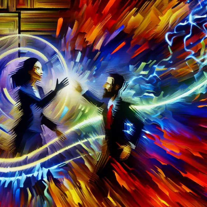 Abstract expressionistisch schilderij van een handdruk tussen een kandidaat en een professional, met een gloeiende vacaturebank op de achtergrond die kansen en netwerken symboliseert