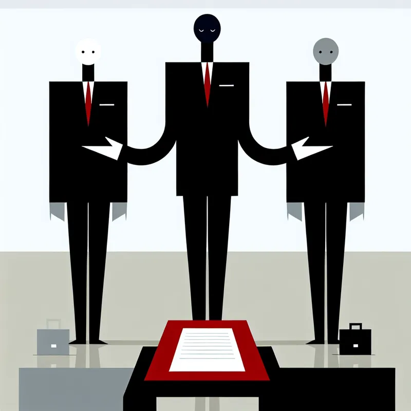 Minimalistische illustratie van een geheim agent als tussenpersoon die onderhandelt tussen twee partijen met een contract op tafel