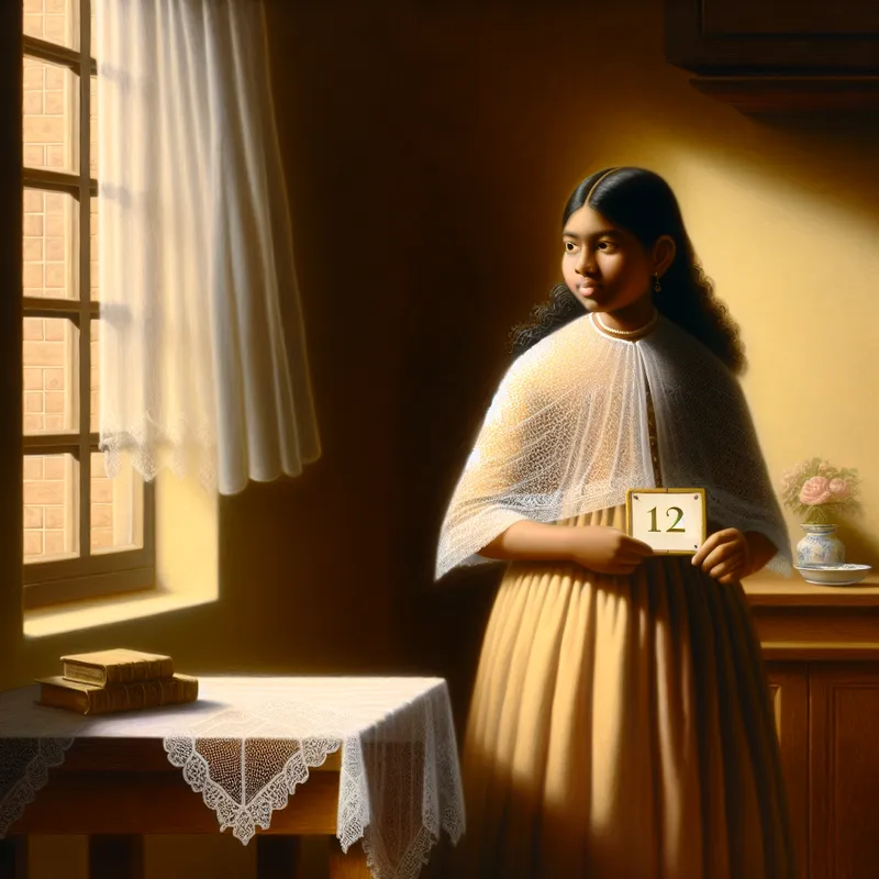 Jong meisje bij het raam met krijtbord waarop het getal 12 staat, symboliserend haar twaalfde verjaardag in een sfeervolle, Vermeer-achtige setting