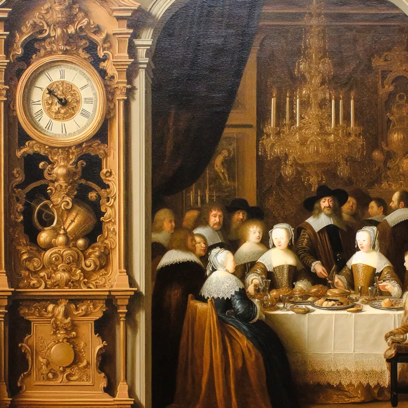 17e-eeuws Nederlands schilderij van een elegante familie rond een tafel met een grote klok die twaalf uur aangeeft, symboliserend middag of middernacht