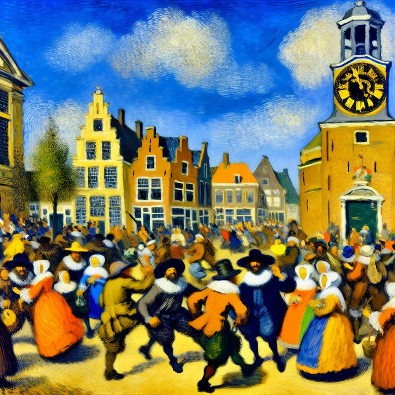 Levendige 17e-eeuwse Nederlandse stadstafereel met kerkklok die twaalf uur slaat en mensen die lunchen op het plein, geschilderd in de stijl van Frans Hals