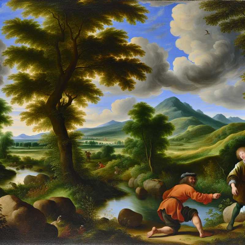 Twee broers verkennen een prachtig natuurlandschap met groene heuvels en een vloeiende rivier, onder een dramatische lucht.