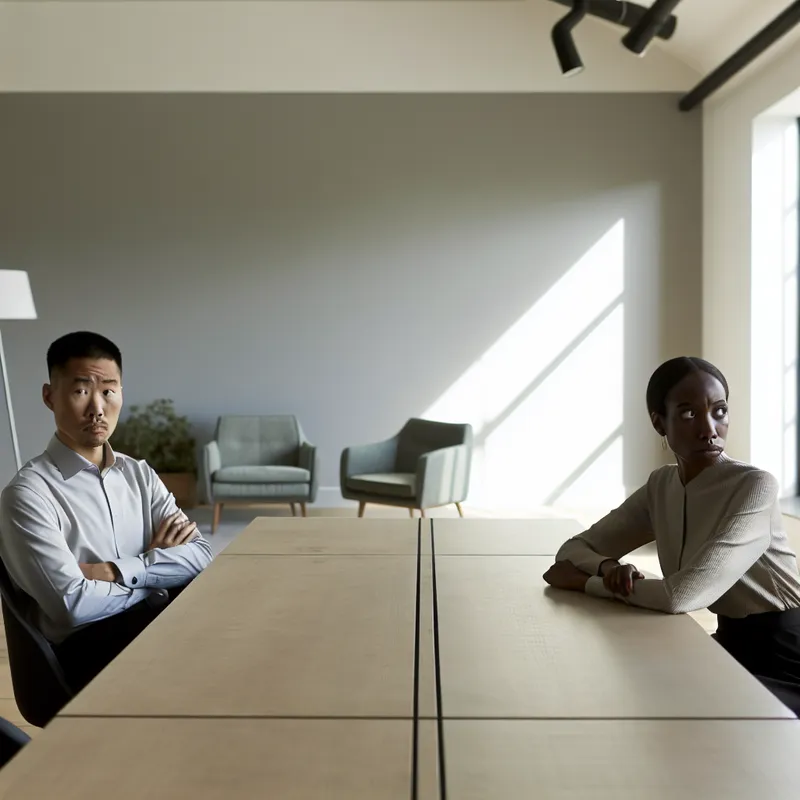 Twee collega's zitten tegenover elkaar aan een grote vergadertafel in een moderne kantooromgeving, met een gespannen sfeer en zichtbaar ongemak.