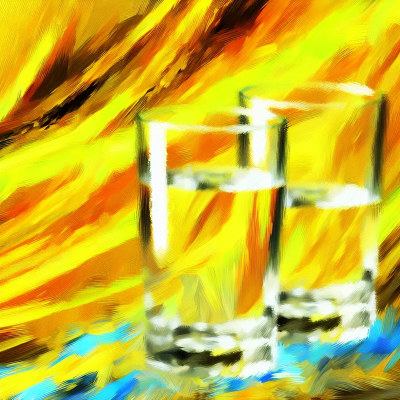 Abstract expressie met twee glazen helder water omgeven door een chaotische, kleurrijke achtergrond
