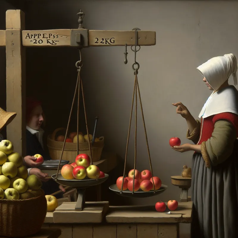17e-eeuwse Nederlandse marktscène met fruitverkoper en klant die 'twee kilo' appels afweegt met een balans en gewicht van 1 kg