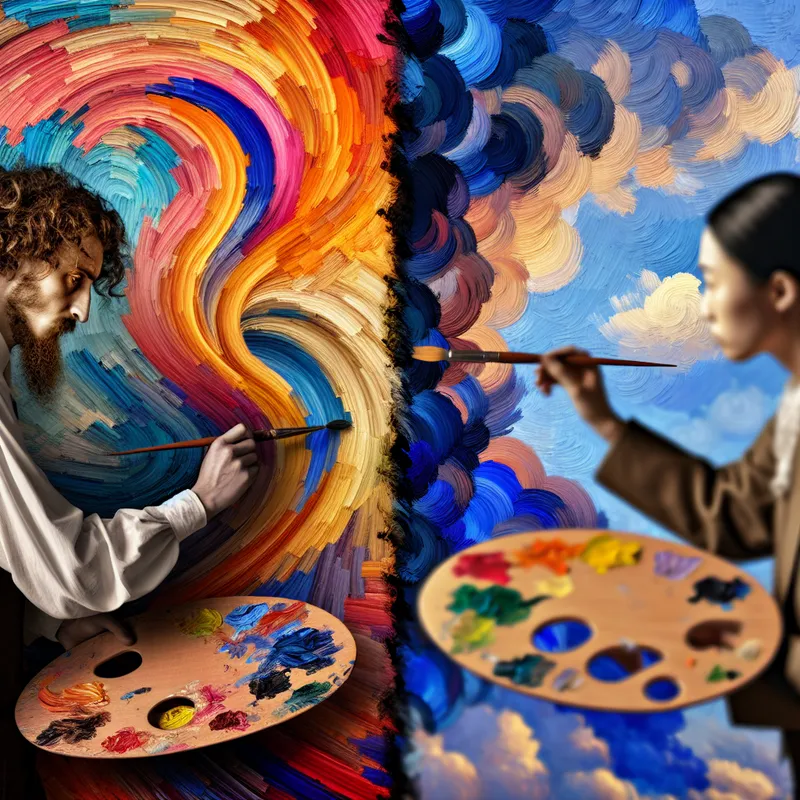Een split scène met een persoon die links abstract schildert met levendige penseelstreken en rechts gedetailleerd schetst, beide in de stijl van Van Gogh.
