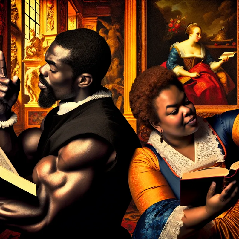 Twee mensen lezen boeken in een barokke kamer en wijzen naar elkaars boeken