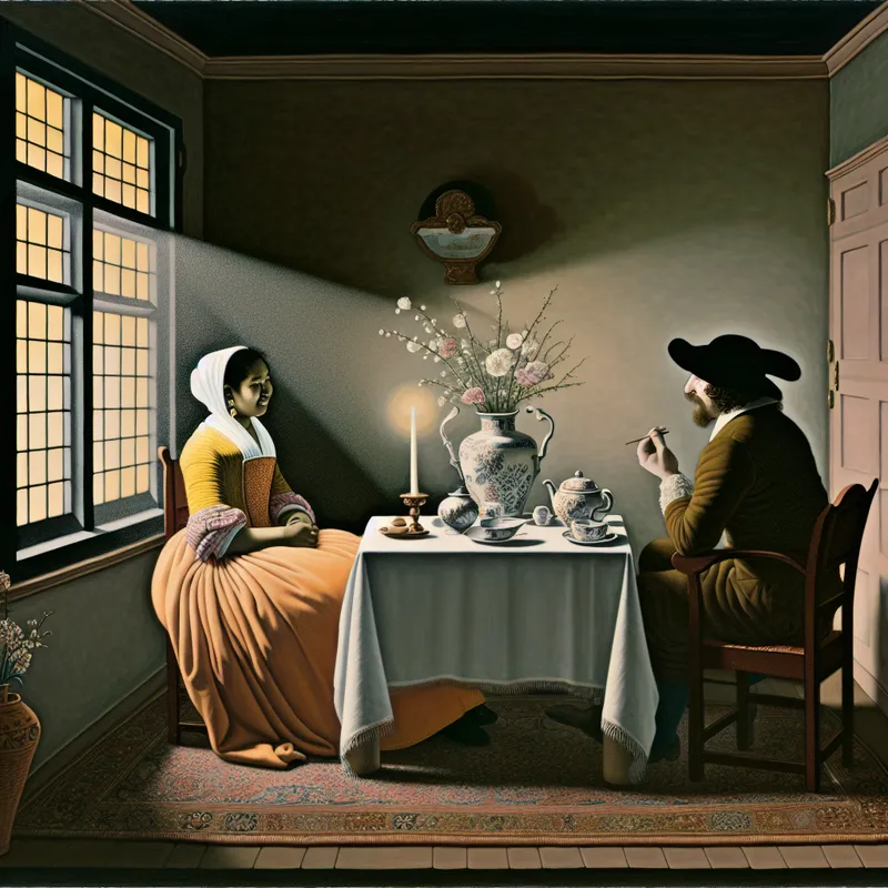 Twee mensen zitten aan een elegante tafel in een sfeervol interieur, met bloemen en porseleinen servies, en hebben een ontspannen gesprek.