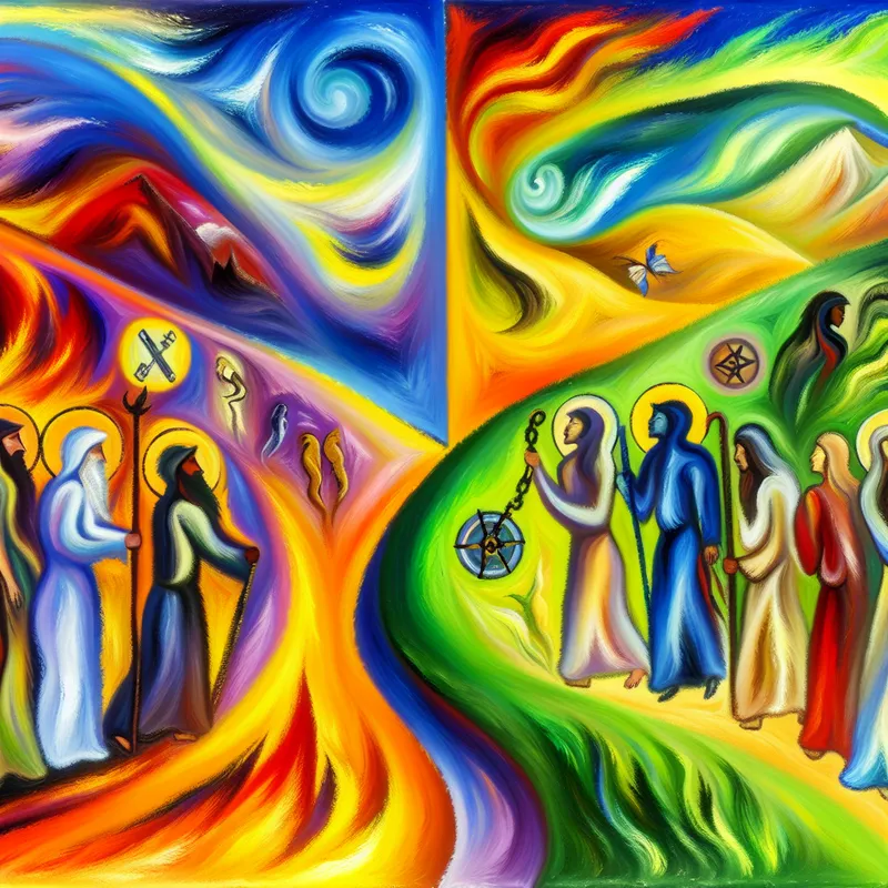 Abstracte afbeelding van twee paden met een diverse groep mensen die op een kruispunt staan, symbolen van keuzes in de hand houdend.