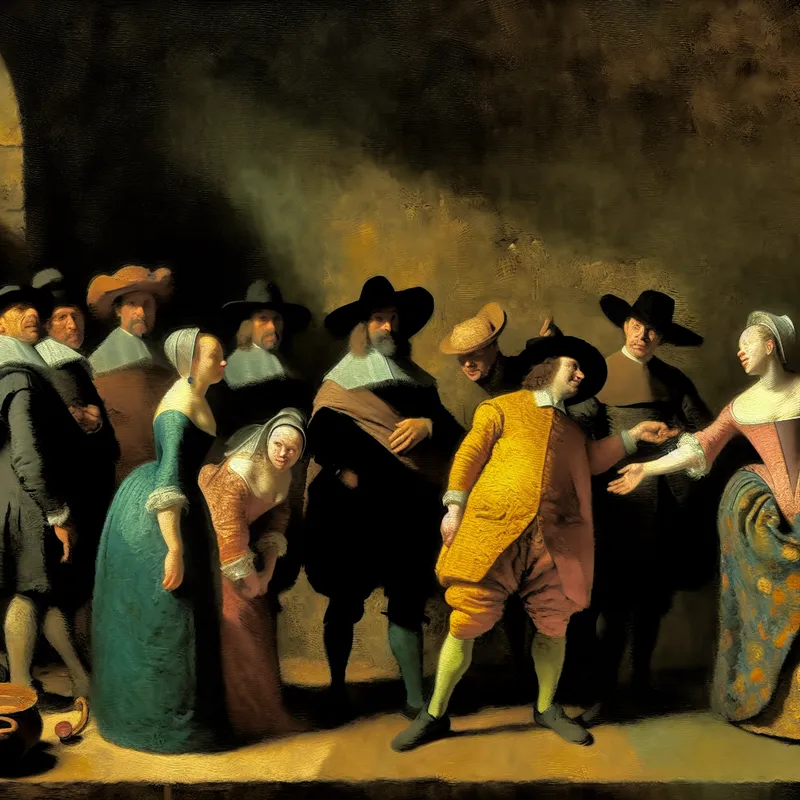 Twee groepen mensen in historische kleding staan tegenover elkaar, symboliserend voor tegengestelde partijen in een discussie of onderhandeling