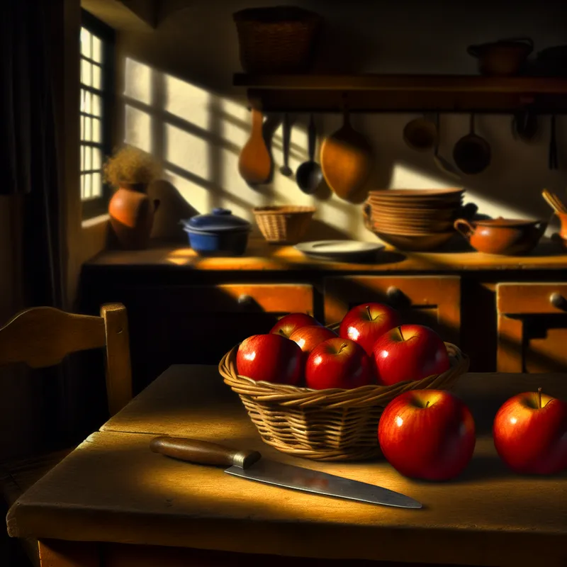 Een uitnodigende keuken met een rieten mand op een houten tafel vol met twee glanzende rode appels, verlicht door het zachte ochtendlicht.