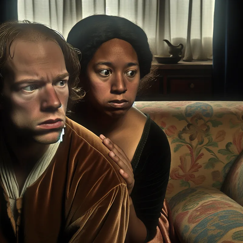 Twee vrienden zitten op een vintage sofa in een zacht verlichte kamer, met een gespannen sfeer.