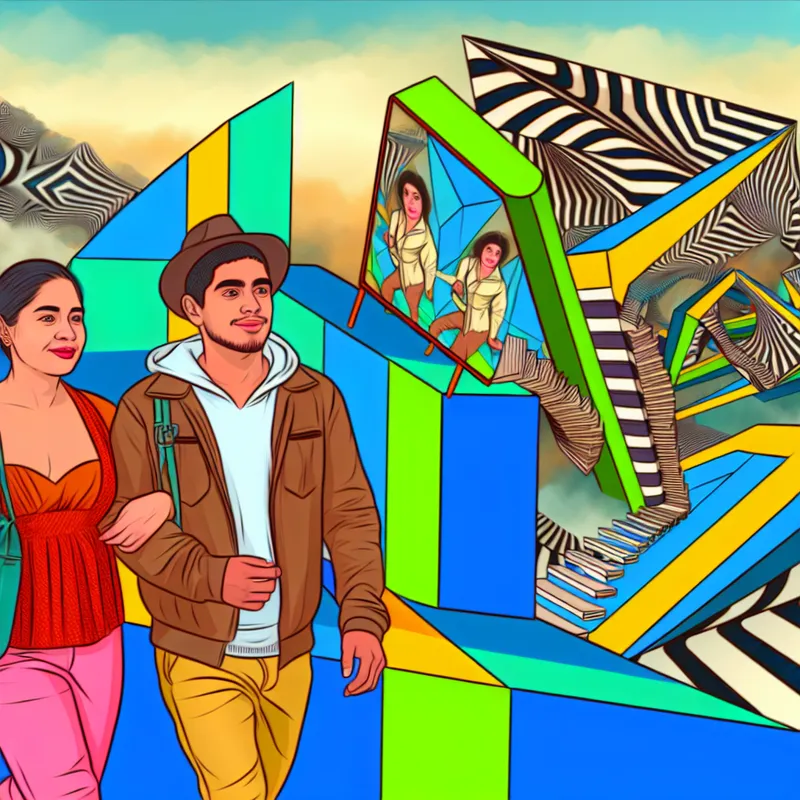 Twee vrienden, een man en een vrouw, lopen samen in een surrealistisch landschap met geometrische vormen, geïnspireerd door M.C. Escher.