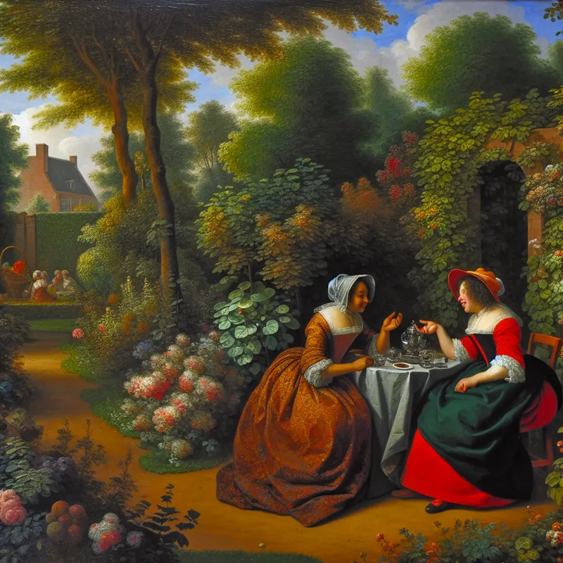 Twee vrouwen in een tuin zitten aan een tafeltje en praten animated over geruchten, omringd door weelderig groen en kleurrijke bloemen.