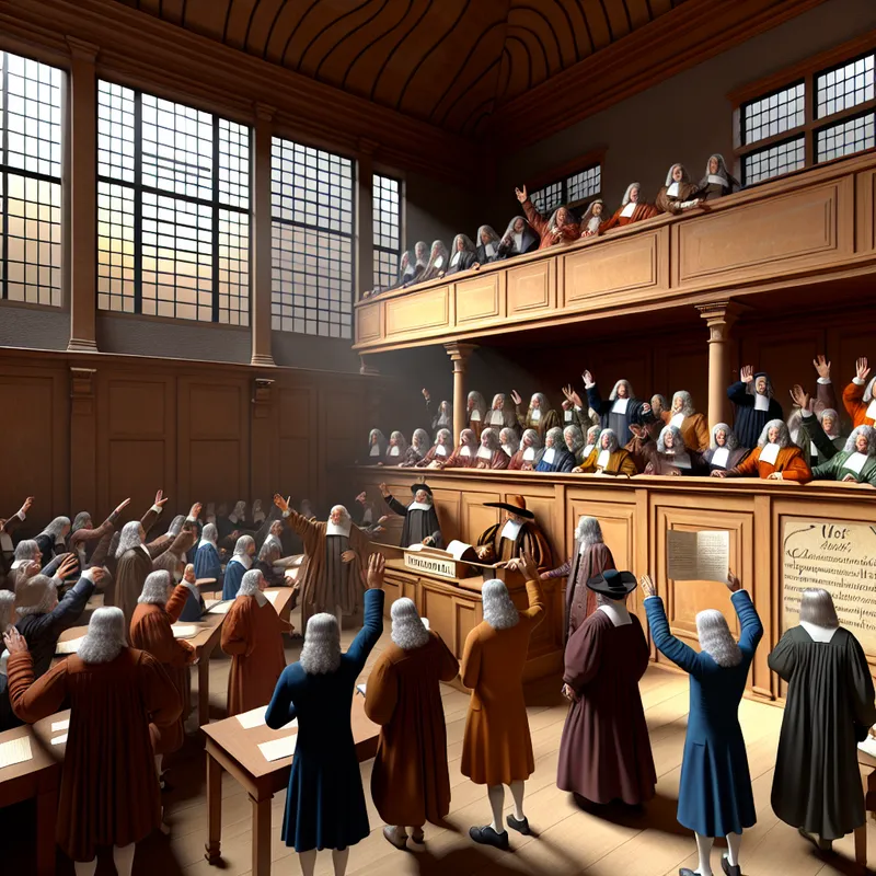 17e-eeuwse Nederlandse parlementaire stemming in de stijl van Frans Hals, waarbij leden van de Tweede Kamer een wetsvoorstel goedkeuren door handopsteking