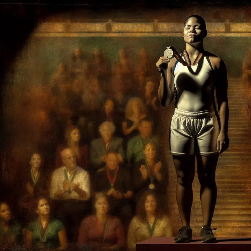 Atleet met zilveren medaille op tweede podium tijdens sportevenement, geïnspireerd door Rembrandt