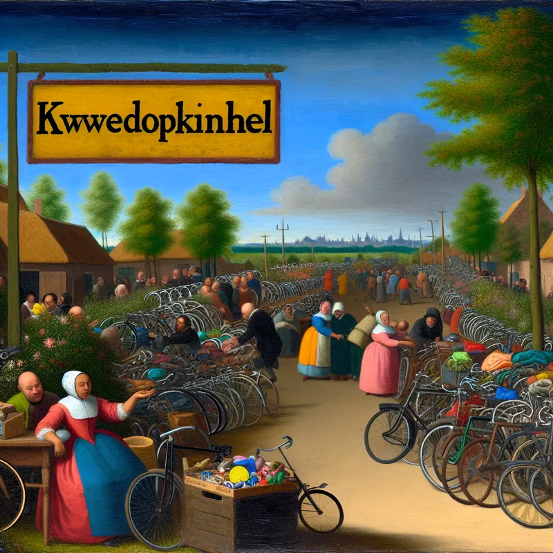 Een levendige kringloopwinkel gevuld met tweedehands fietsen, met een prominent gevisualiseerde fiets vooraan en een helderblauwe lucht op de achtergrond.
