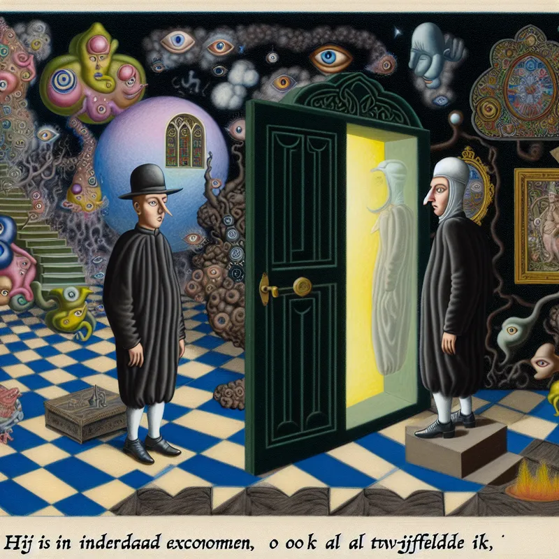 Surrealistisch tafereel van twijfel die overgaat in werkelijkheid, geïnspireerd op Hieronymus Bosch, met symbolische figuren en een poort naar waarheid