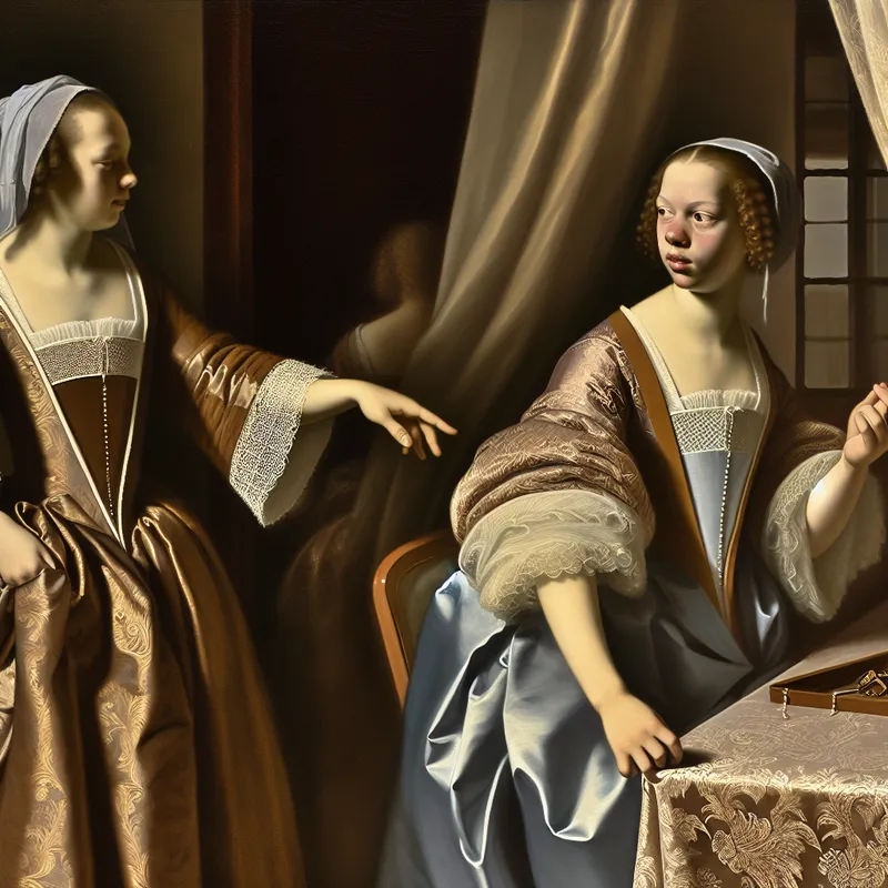 Twee elegante figuren in een 17e-eeuws Hollands interieur, waarbij de een twijfelend naar een lege plek op tafel wijst waar sleutels zouden kunnen liggen