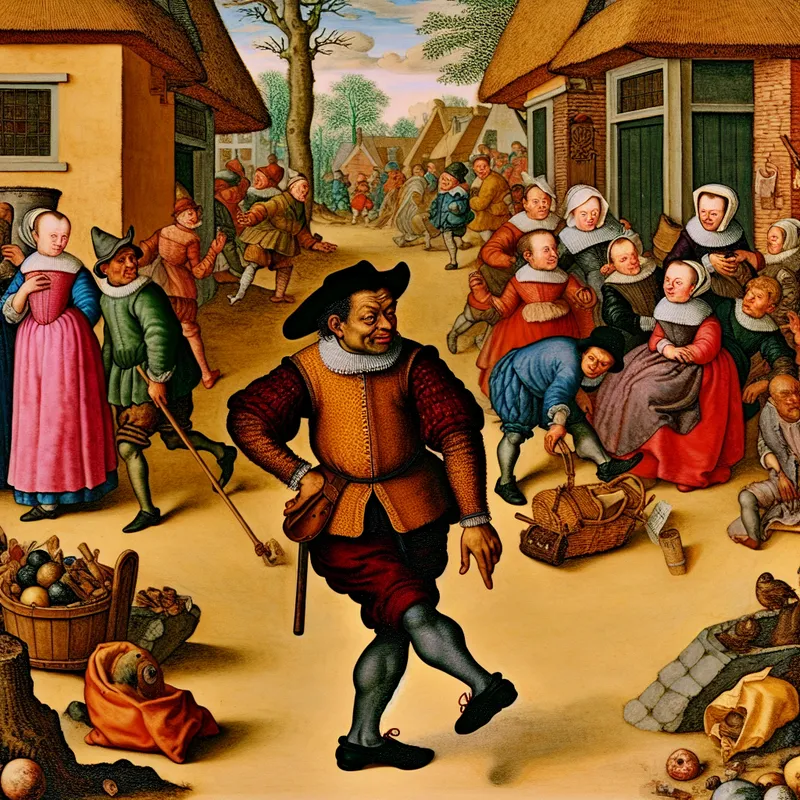 17e-eeuwse Nederlandse dorpsscène in de stijl van Jan Steen, waarin een persoon aarzelt bij een kruispunt met een half ingepakte tas en een onafgemaakte brief, twijfelend over een beslissing