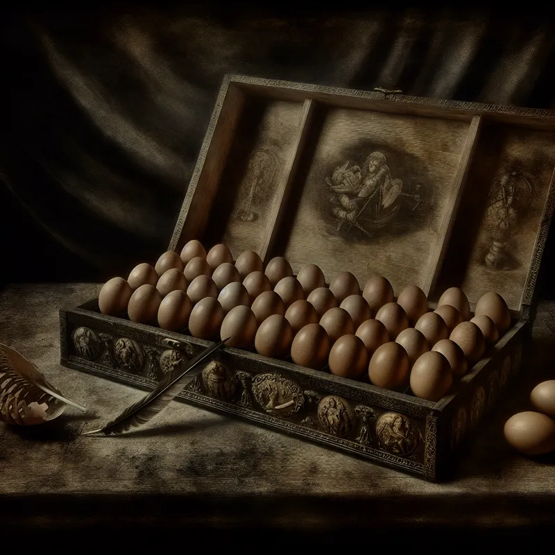 Symbolische stilleven van twintig eieren in een ornamentele houten doos met gotische sfeer, geïnspireerd op Félicien Rops