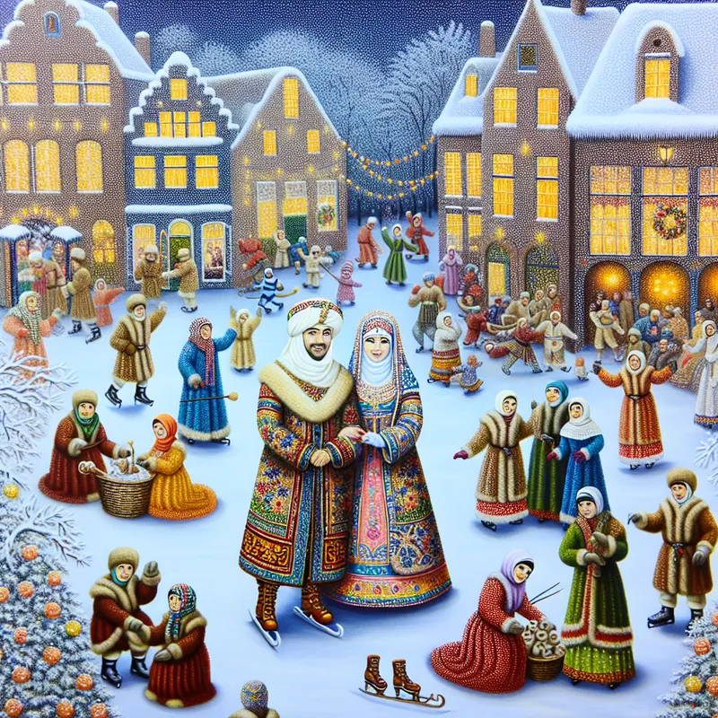 Een kleurrijke winter scène met een stel dat hun twintigste huwelijksjubileum viert, omringd door vrienden en familie die plezier maken in de sneeuw.