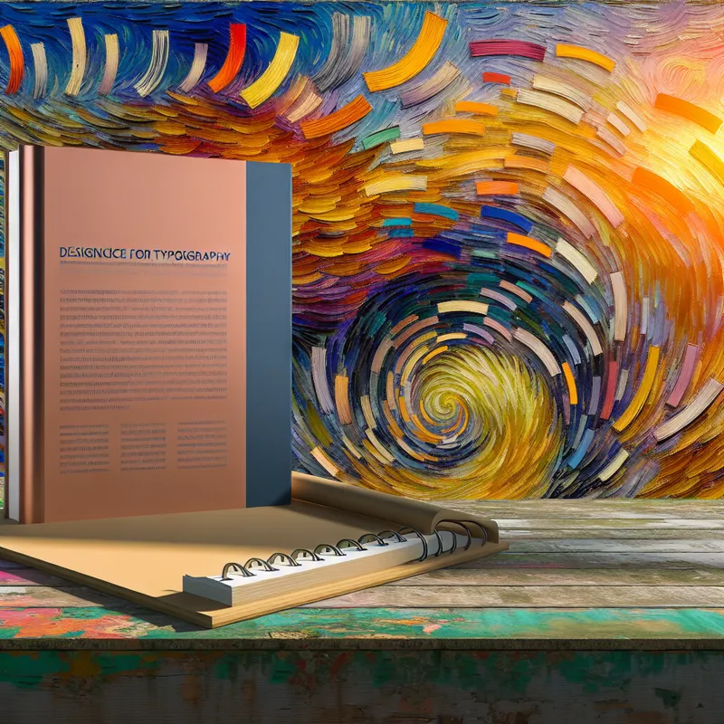 Een kleurrijke illustratie van een boek met typografieontwerpen op een houten tafel.