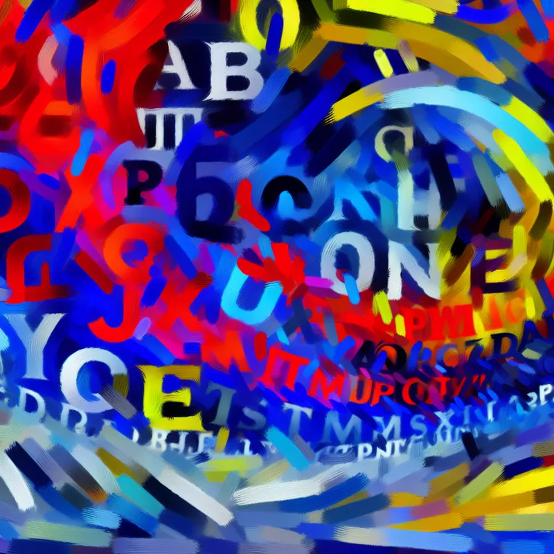 Een abstracte expressieve afbeelding van een chaotisch typografisch landschap met zwevende letters in verschillende stijlen.