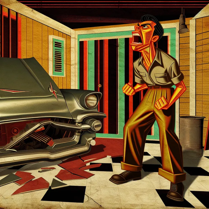 Illustratie van een man die plotseling uitbarst in woede in een garage, met een beschadigde auto naast hem