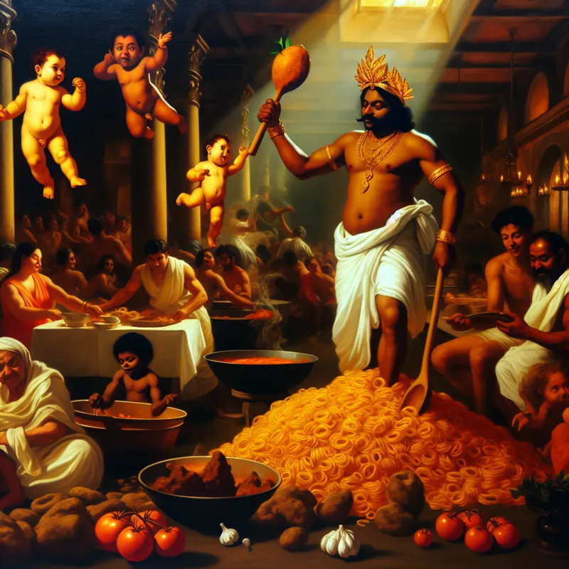 Barokke voorstelling van een man als koning van pastasauzen, omringd door bewonderaars en zwevende figuurtjes met ingrediënten in een weelderige keuken