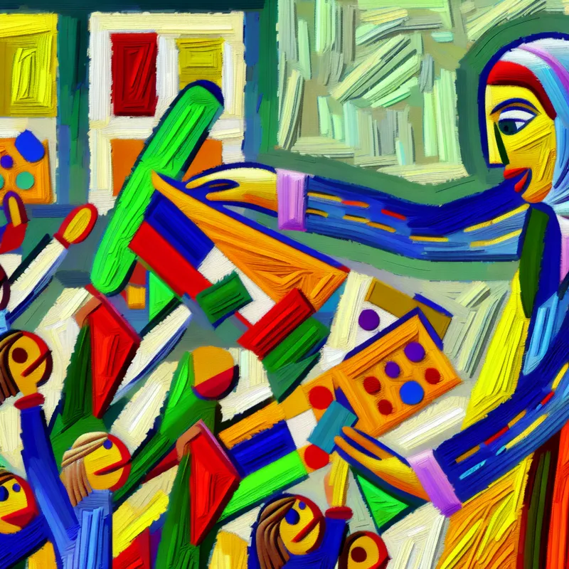 Abstracte schilderachtige weergave van een lerares die kleurrijke papieren met leerlingen deelt in een levendige klaslokaal.