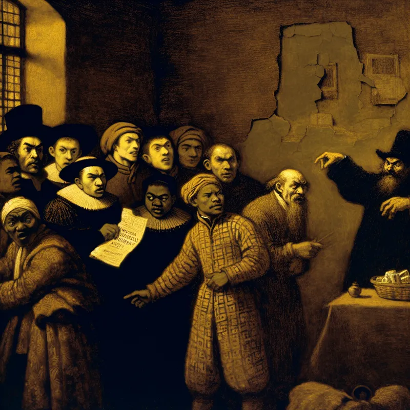 Een groep gefrustreerde studenten in een slecht onderhouden kamer met een hebzuchtige huisbaas die een contract en geldzak vasthoudt.