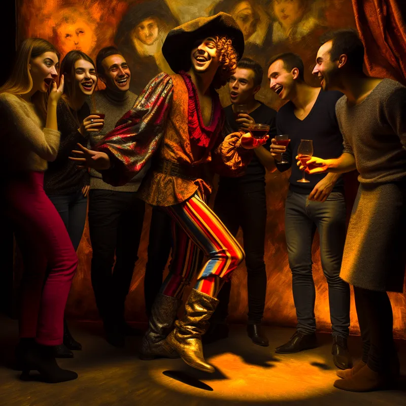 Een flambante persoon die uitbundig lacht en zich vol vertrouwen gedraagt op een feest, omringd door vrienden met diverse uitdrukkingen.