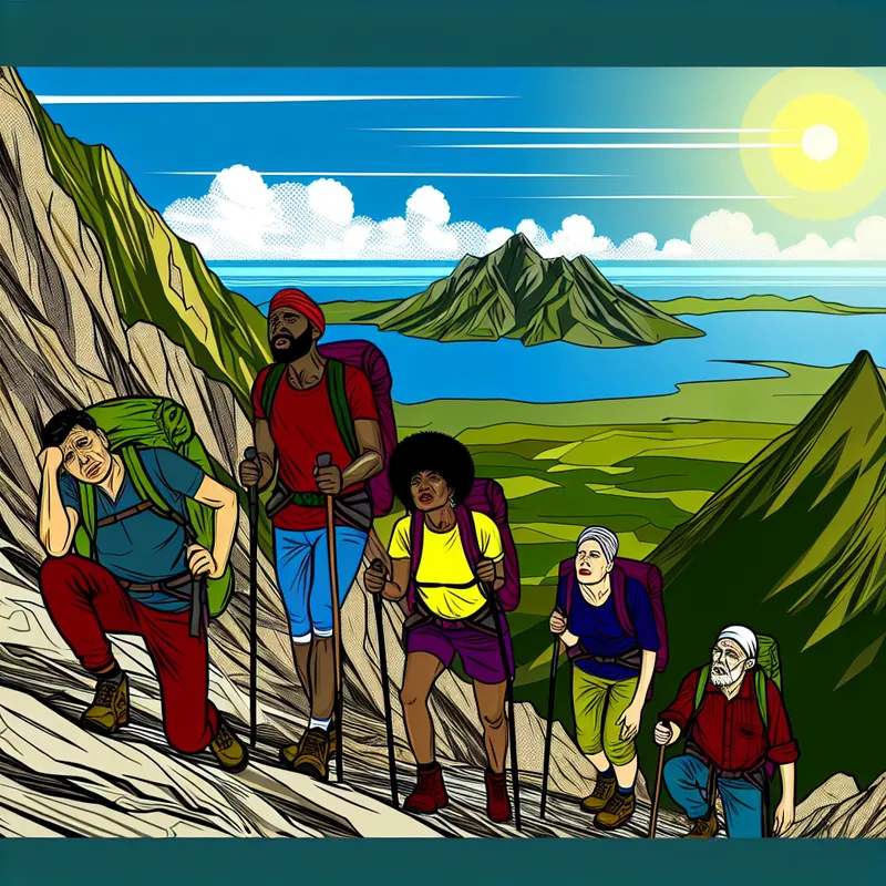 Groep diverse wandelaars in kleurrijke kleding maakt een uitdagende bergwandeling op steile, rotsachtige terrein met een uitzicht op een groene vallei.