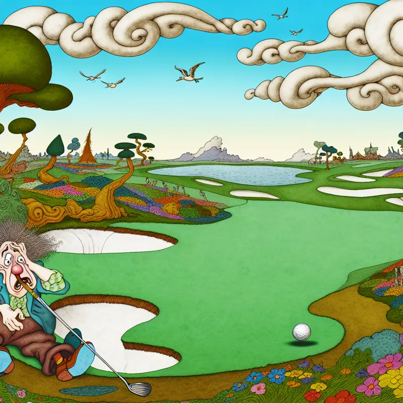Een cartoonachtige afbeelding van een golfer op een uitdagende par-5 hole, omgeven door groene grass en kleurrijke bloemen.