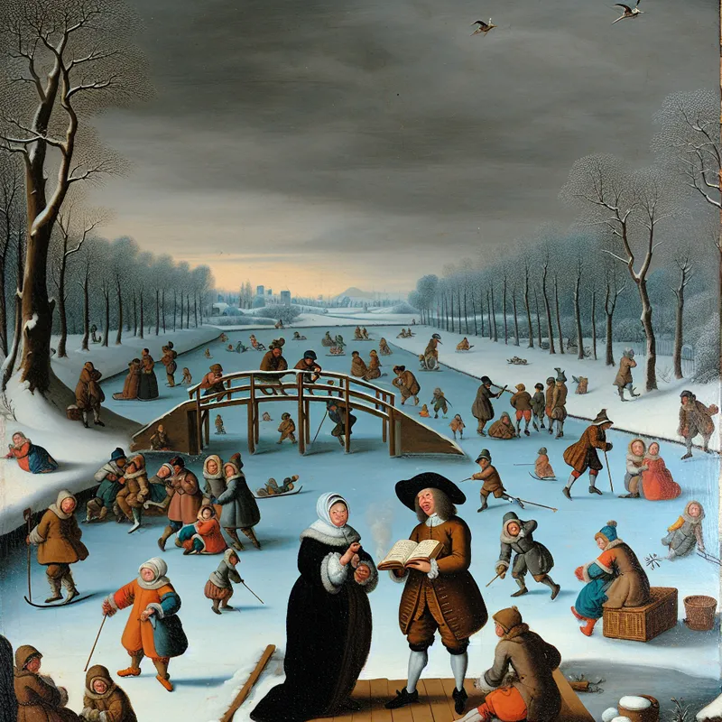 Twee mensen delen kennis op een houten brug in een levendig Hollands winterlandschap, symboliserend voor verdieping van vriendschap en begrip