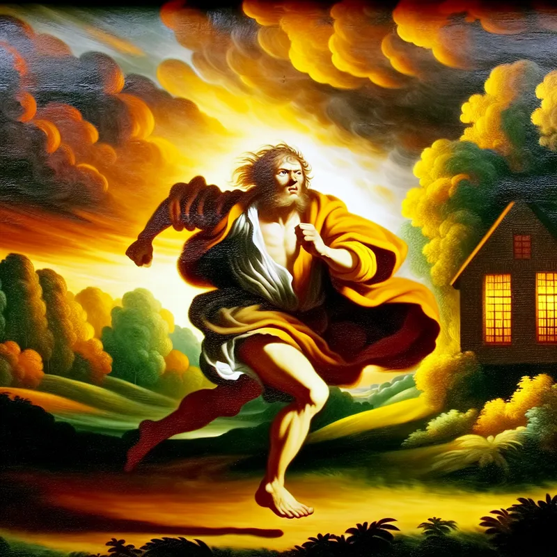 Barokke scène van een gespierde figuur die zo snel mogelijk rent door een weelderig landschap, met een dramatische lucht en een huis op de achtergrond, symbool voor 'zo snel mogelijk' of 'uiterste inspanning'