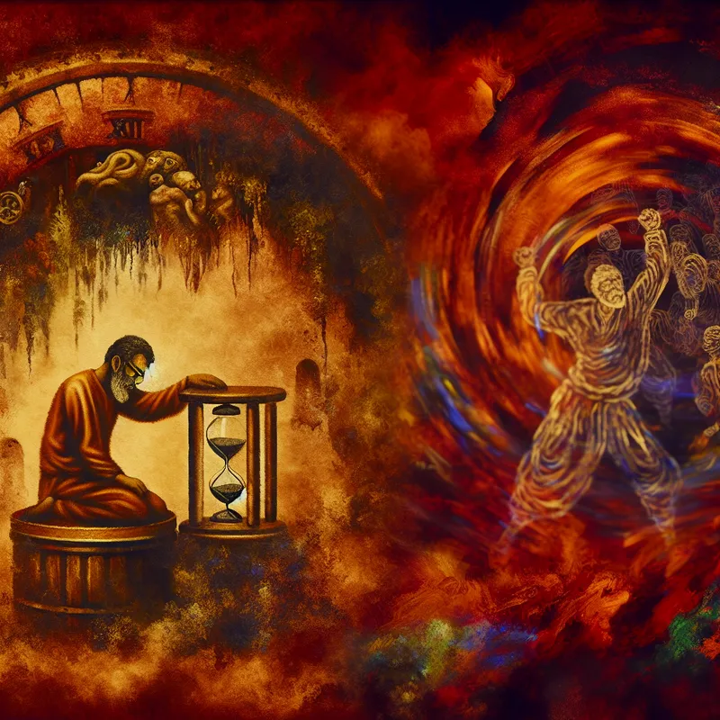 Barokke voorstelling van een uitgeputte arbeider die ineenzakt aan een werkbank, met een uurglas en een spookachtige figuur die zijn oorspronkelijke energie symboliseert, ter illustratie van de uiterste waarde van menselijke inspanning