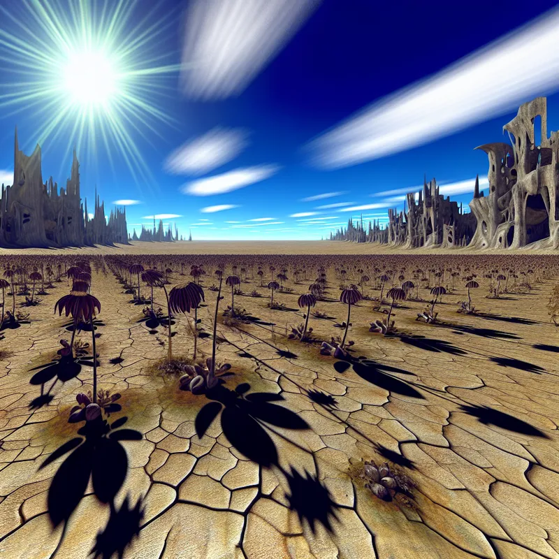 Een uitgedroogd landschap met verwelkte bloemen onder een heldere zon