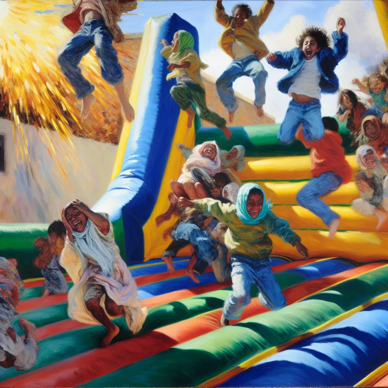 Groep uitgelaten kinderen springend op een kleurrijk springkussen in een zonnige buitenomgeving, geschilderd in levendige, dynamische stijl