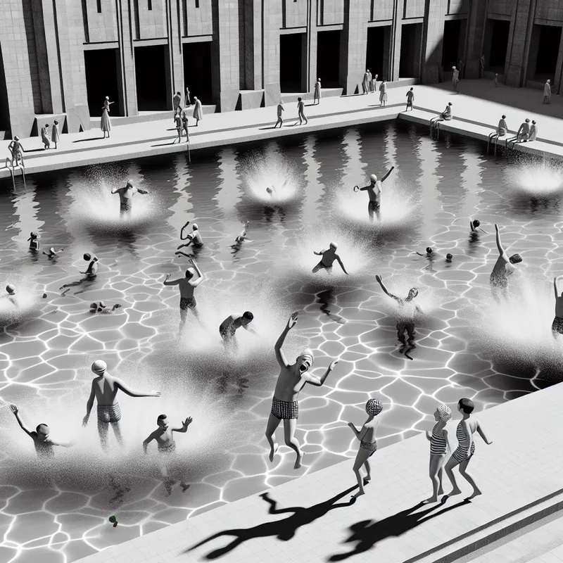 Hyperrealistisch surrealistisch tafereel van uitgelaten kinderen die vrolijk spetteren in een zwembad, met glinsterend water en monumentale architectuur op de achtergrond