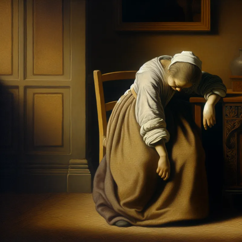 Uitgeput persoon in 17e-eeuws Nederlands interieur, schilderij in stijl van Gerard ter Borch met gedetailleerde texturen en zachte belichting