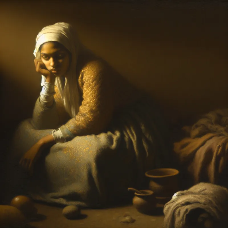 Jonge vrouw zit uitgeput in een rustige kamer met zacht licht, hoofd rustend op haar hand, uitdrukking van diepe vermoeidheid