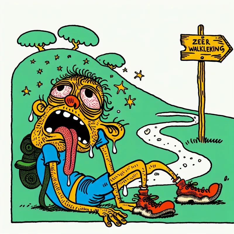 Cartoonfiguur uitgeput op de grond na een lange wandeling met zweetdruppels en sterretjes rond het hoofd