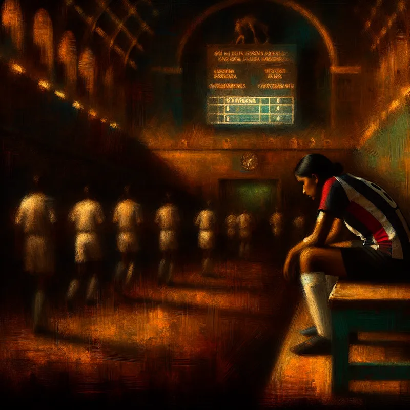 Een teleurgestelde voetballer zit alleen op een bank in een schemerig stadion na uitsluiting uit de wedstrijd, met zijn naam doorgestreept op het scorebord